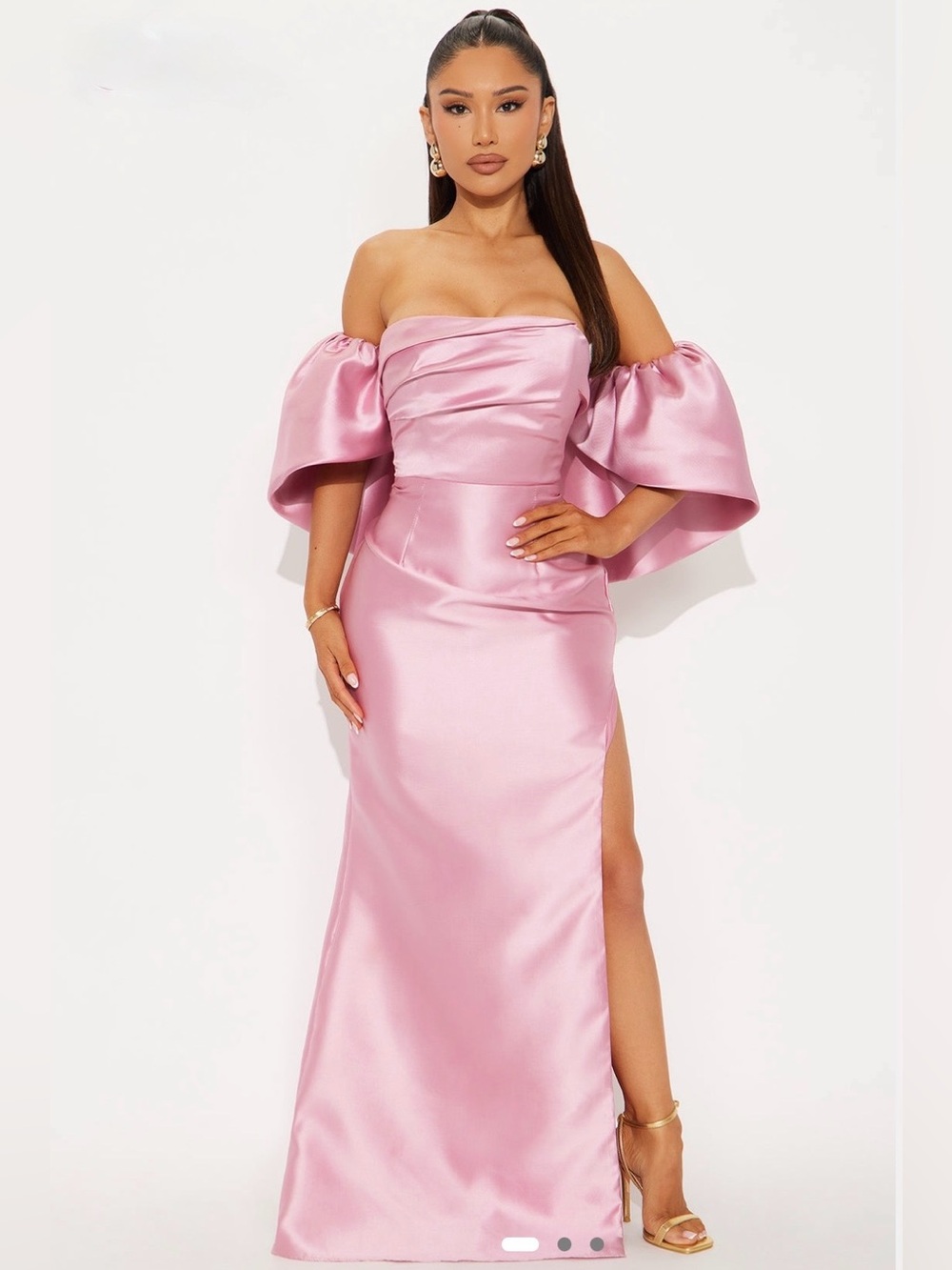 Off-Shoulder Pink Satin Gown with Statement Puff Sleeves